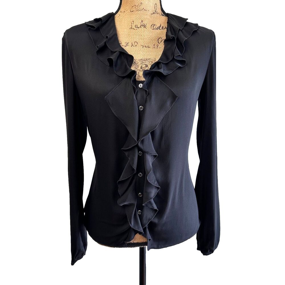 Tahari Black Ruffle Front Button Smocked Waist Long Sleeve Elegant Blouse Sz M